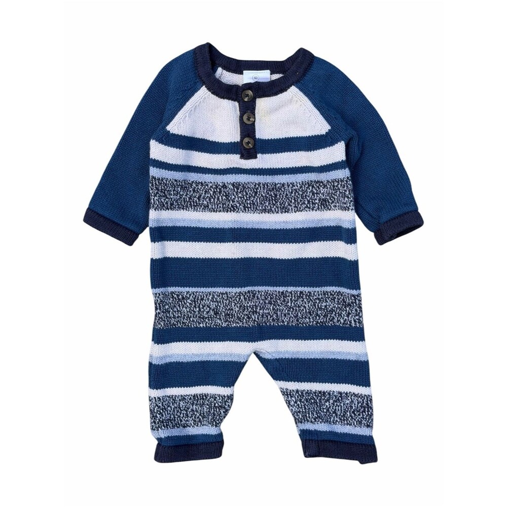 Hanna Andersson Knit Romper Baby 3-6M 60 Blue White Striped Henley One Piece